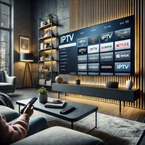 Sala de estar moderna con un Smart TV mostrando un menú de IPTV premium. La pantalla exhibe múltiples opciones de canales y streaming. Una persona está sentada en un sofá cómodo con un control remoto en la mano. Ideal para quienes buscan comprar IPTV en España y disfrutar de IPTV premium con la mejor calidad.